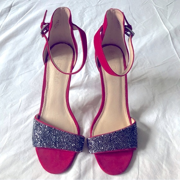 Aldo Red Suede Grey Crystal Accent High Heels Genuine Leather Insoles Size 40 EU - Picture 2 of 6